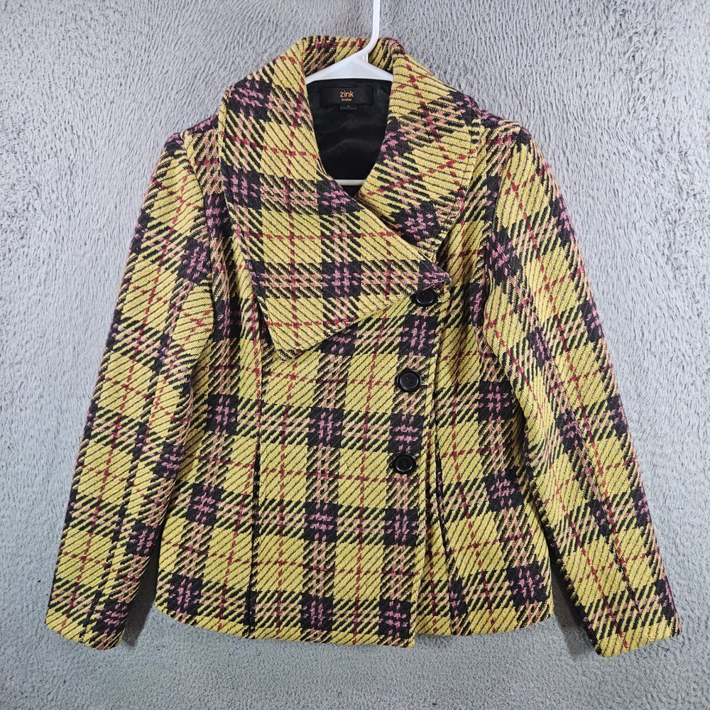 Zink London Womens Yellow Plaid Wool Blend Asymmetric Button Front Jacket Size M